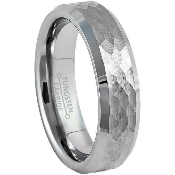 Jewelry Avalanche Hammered Finish Tungsten Carbide Wedding Band for Men-Women, Beveled Edge, 6mm, size 9