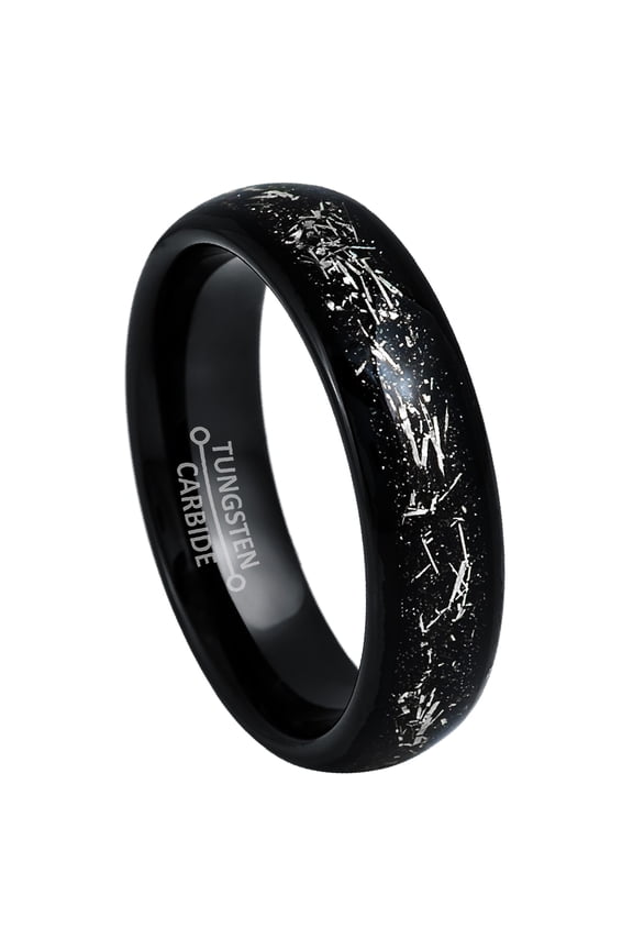 6mm Womens Black Tungsten Wedding Band, Meteorite Inlay, Dome Engagement Ring - TN1036WAs9
