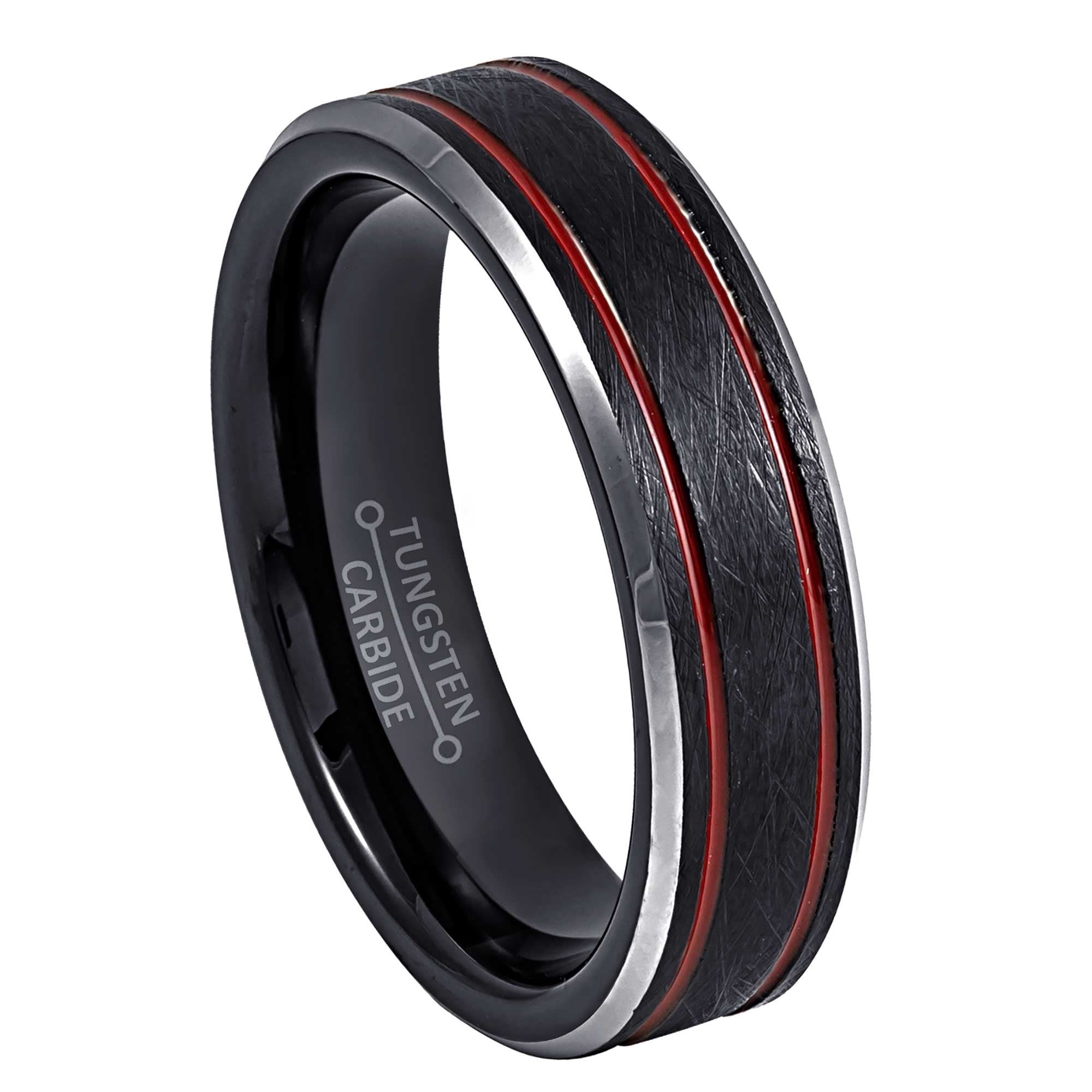 Jewelry Avalanche Double Red Grooved Accent Tungsten Wedding Band for Men Women, Firefigther Ring, 6mm, size 10