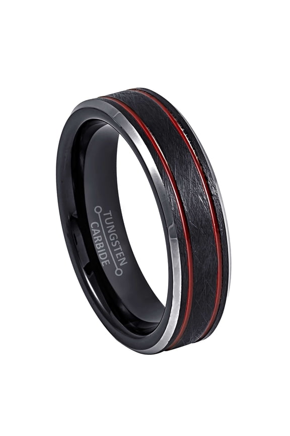 Double Red Grooved Accent Tungsten Wedding Band for Men Women, Firefigther Ring, 6mm, size 5.5