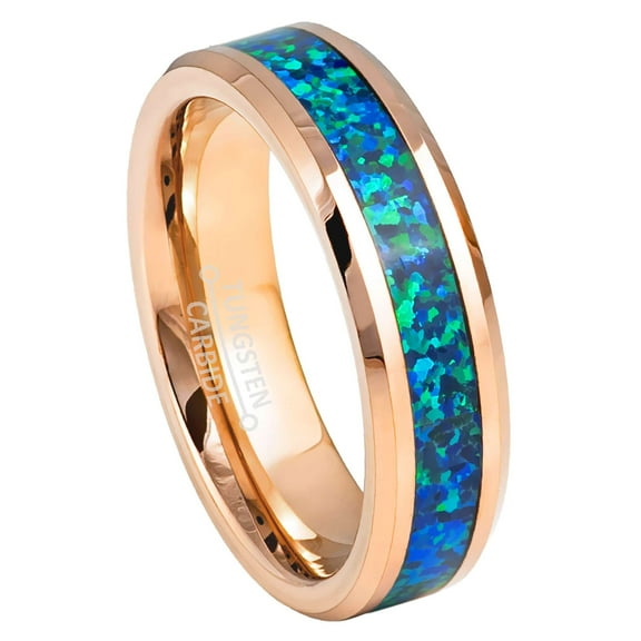 6mm Womens Rose Gold Tungsten Wedding Band, Emerald Opal Inlay, Beveled Edge Ring - TN1048WAs9