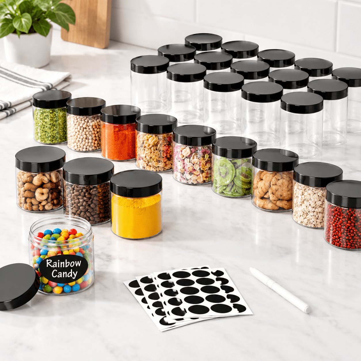 Feed Storage Signage 6oz 40Pack Clear Round Plastic Food Storage Jars With Black Airtight ...