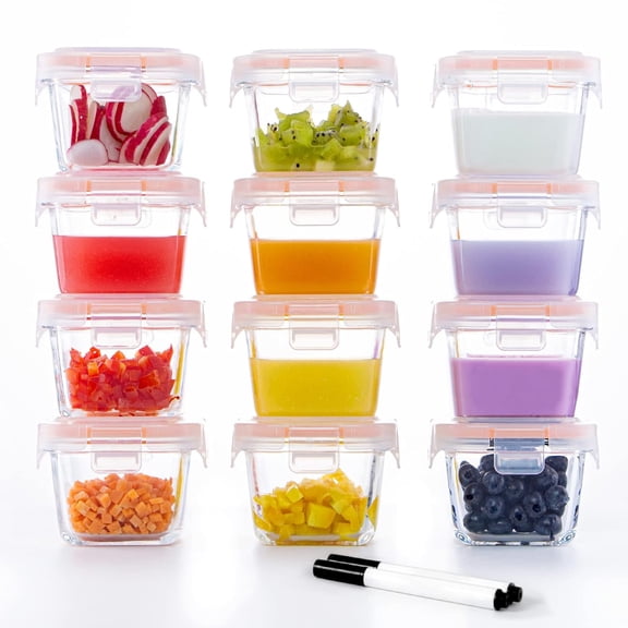 6oz Baby Food Storage Containers, 12-Pack Baby Food Jars with Lids LeakProof, Baby Food Containers Glass Stackable, Freezer/Microwave/Dishwasher Safe, Ideal for Fruit Purees and Vegetable Mashes