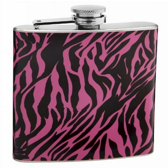 6oz Black-Pink Zebra Print Hip Flask, Free Personalization