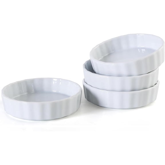 6oz Creme Brulee Ramekins Set of 4 - Ceramic Baking Dishes, Non-Stick Porcelain Pie Dish, Wave Round Baking Dish for Dessert, Pie, Tart, Souffles, Appetizers, Oven and Dishwasher Safe