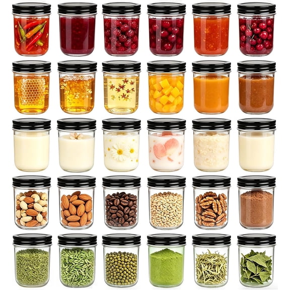 6oz Glass Jars with Lids, 30 Pack Wide Mouth Mini Mason Jars with Black Lids, for Honey, Jam, Jelly & Spice Storage, Wedding & Shower Favors, 6oz Smooth Appearance, Black Lid