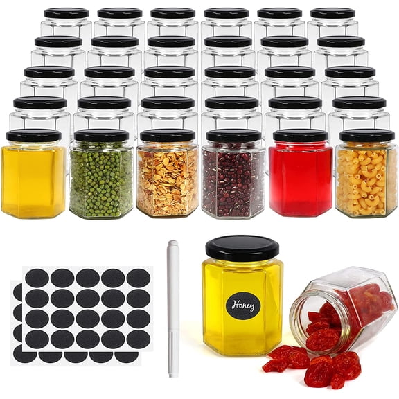 6oz Hexagon Glass Jars, 30 Pack with Black Lids - 180ml Clear Glass Canning Jars for Honey, Spices, Jams, Shower Favors, Wedding Favors and Craft - Includes 1 Pen and Labels