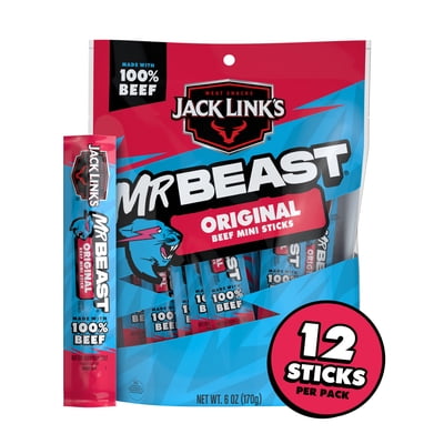 Jack Link’s x MrBeast Original Mini Beef Sticks, 6 Ounce bag, 12 count of .5 Ounce meat sticks