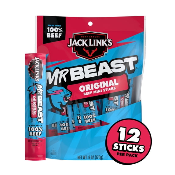 Jack Link’s x MrBeast Original Mini Beef Sticks, 6 Ounce bag, 12 count of .5 Ounce meat sticks