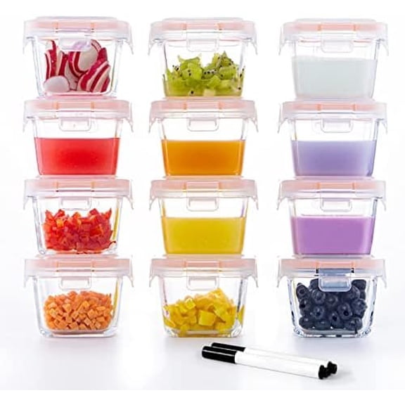 6oz Storage Containers, 12-Pack Jars with LeakProof, Containers Glass Stackable, Freezer/Microwave/Dishwasher Safe, Ideal for Fruit Purees and Vegetable Mashes