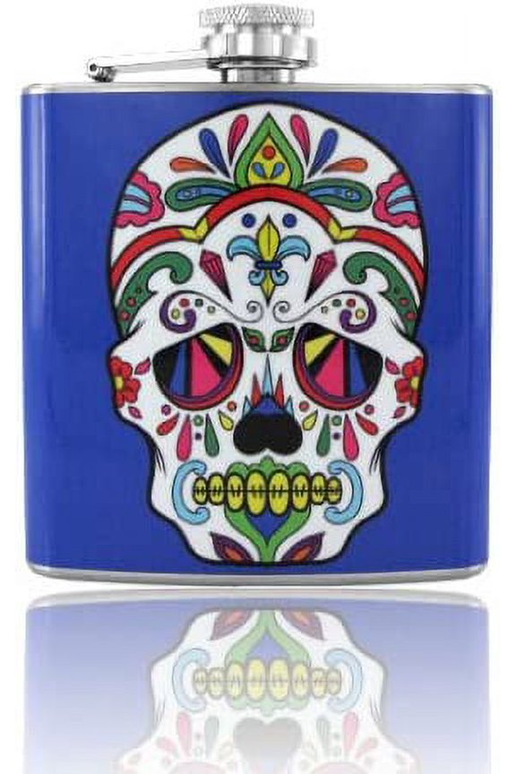 6oz Sugar Skull Design Vinly Wrap Stainless Steel Flask (blue)