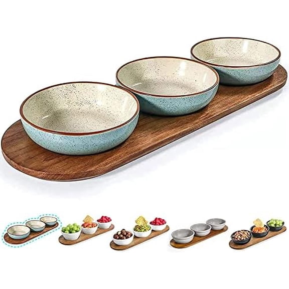 6oz Turquoise Solid Ceramic Chips and Dip Serving Platter with Acacia Wooden Tray, 4.5inch Glazing Small Serving Bowls/Dipping Dishes for Condiments,Side Dishes, Dipping, Pre, Dessert, Salsa