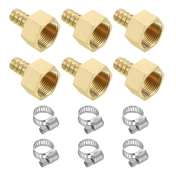 6pack Brass Barb Fittings, 1/2" Barb x 3/4" NPT Female with Clamps for Water Fuel Air, Mechanical Devices