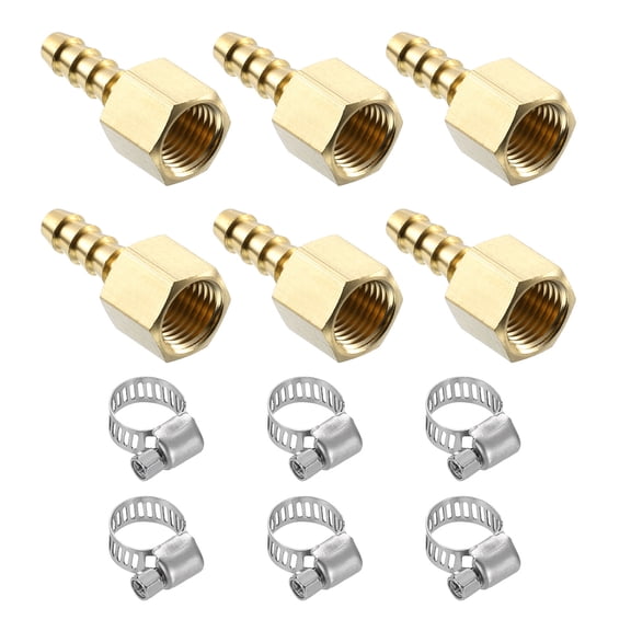 6pack Brass Barb Fittings, 1/4" Barb x 1/4" NPT Female with Clamps for Water Fuel Air, Mechanical Devices