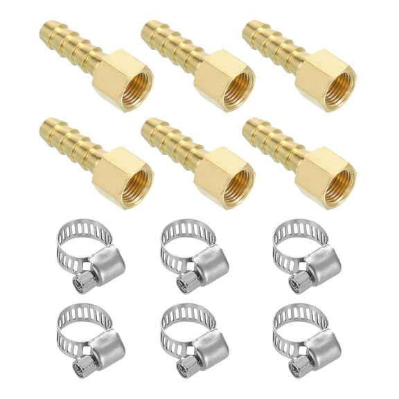6pack Brass Barb Fittings, 1/4" Barb x 1/8" NPT Female with Clamps for Water Fuel Air, Mechanical Devices