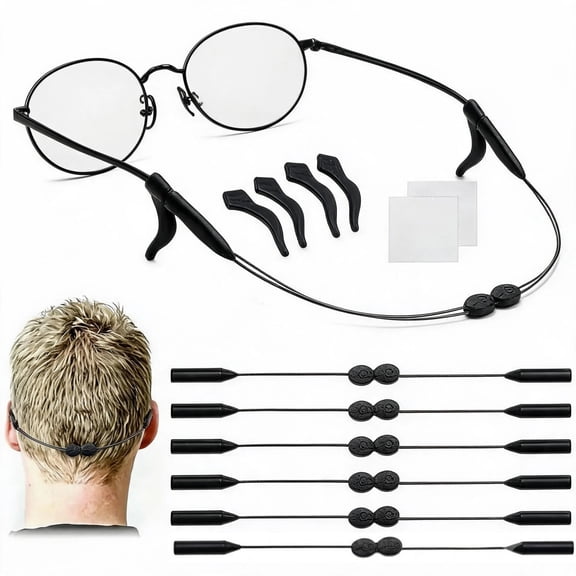6 Pack Adjustable Glasses Strap Sports with 2 Pairs Bonus, Anti-Slip Sunglasses Strap with Steel Wire Cable, Reading eye glasses holders around neck, Eyewear Retainer (Black)