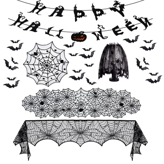6pack Halloween Decorations Tablecloth Runner Black Lace Round Spider Cobweb Table Cover Fireplace Mantel Scarf Spiderweb Fireplace Scarf Spider Lampshade with 16pcs Scary 3D Bat for Halloween Party