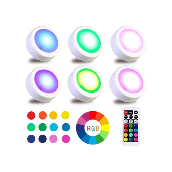 6pack LED Color-changing Under Cabinet Light With Remote Control, LED Puck Light Push Light Stick Anywhere for Kitchen, Bedroom, Wardrobe, Shelf, Staircases...Powered by 3* AAA Batteries(Not Include)