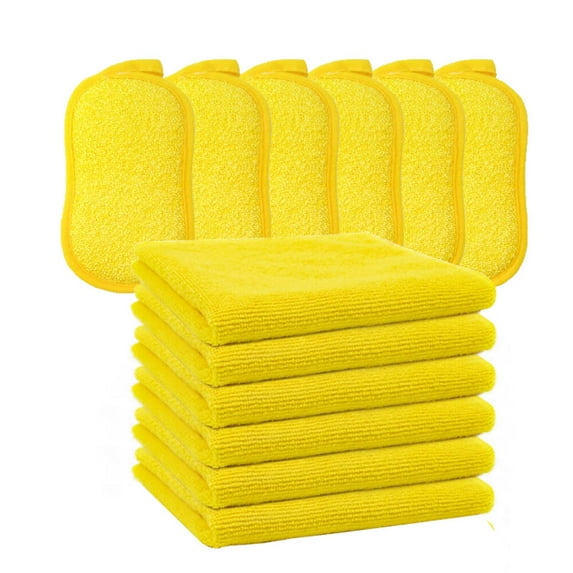 6pack Microfiber Cleaning Cloth (12.6"x12.6") + 6pack Large Sponges,Non Scratch,Ultra fine Fiber Wiping+Stainless Steel Wire to Remove Stubborn Stains,Durable Thickening (12 pack)