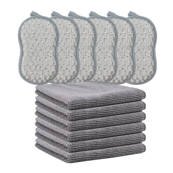 6pack Microfiber Cleaning Cloth (12.6"x12.6") + 6pack Large Sponges,Non Scratch,Ultra fine Fiber Wiping+Stainless Steel Wire to Remove Stubborn Stains,Durable Thickening (12 pack)