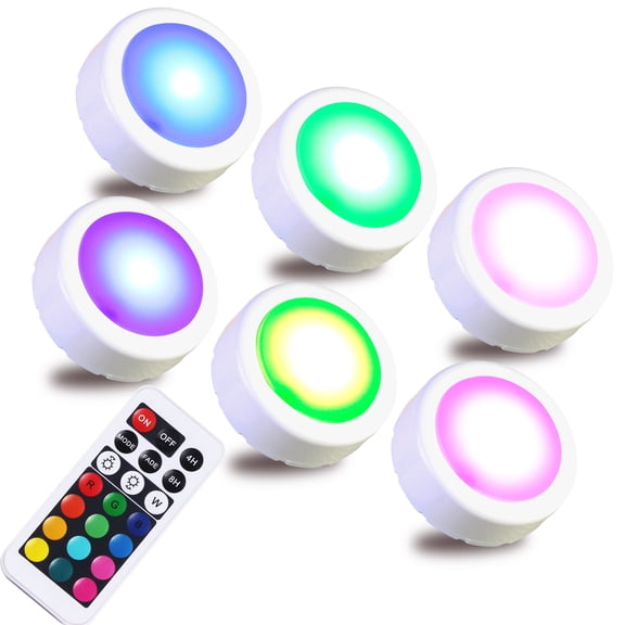 6pack Multing color under cabinet light with remote control color changing LED puck light push light stick anywhere use 3AAA battery(not include)
