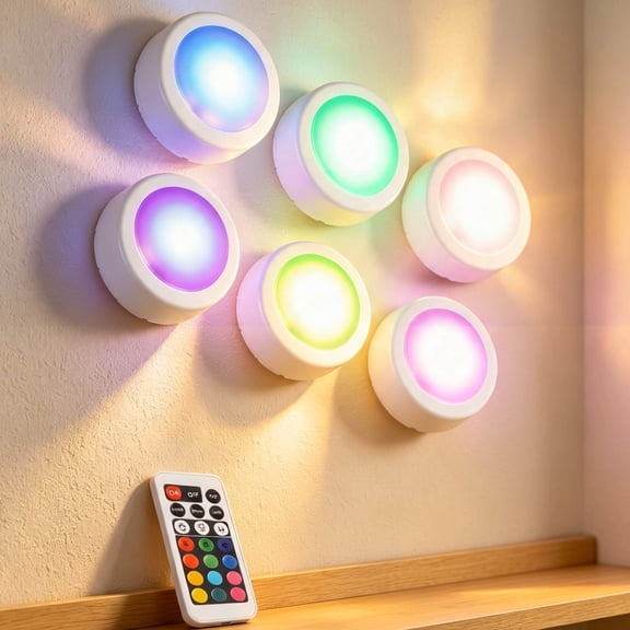 6pack Multing color under cabinet light with remote control color changing LED puck light push light stick anywhere use 3AAA battery(not include)