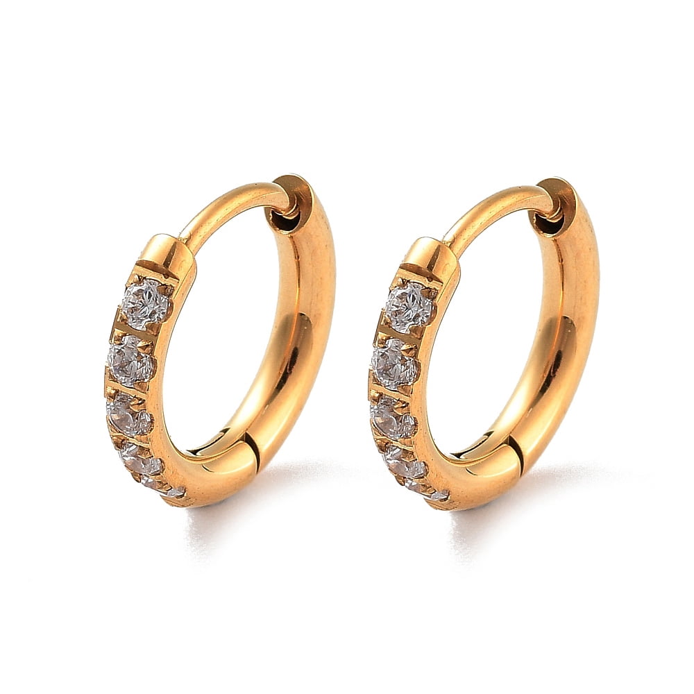 6pairs Ion Plating(IP) 316 Surgical Stainless Steel Pave Clear Cubic Zirconia Hoop Earrings Women Golden 12x2mm