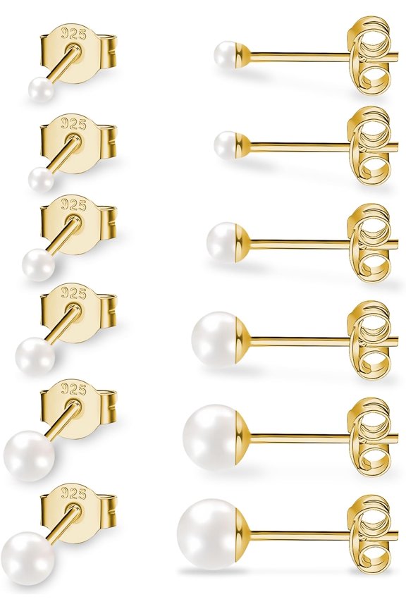 6pairs Pearl Earrings Stud with 925 Stering Silver Post Small Midium, Sterling Silver, Style F3054