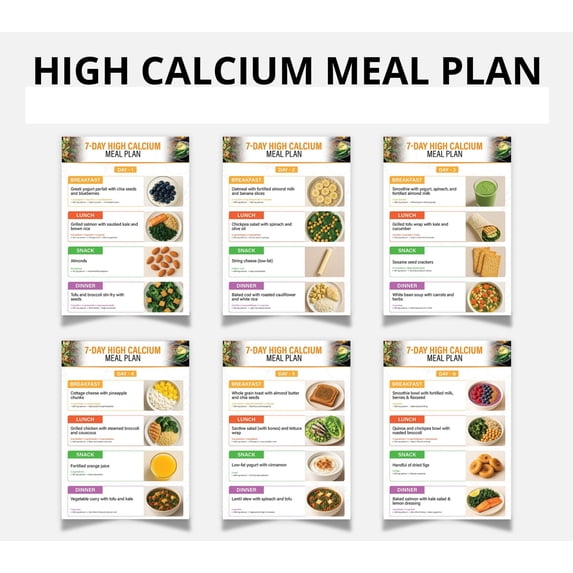 6pc 7-Day High Calcium Diet Plan Poster Nutrition Guide Bone Health And ...