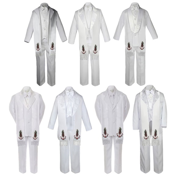 6pc Baby Toddler Boy Guadalupe Communion Baptism White 7 SUIT TUXEDO Style Stole