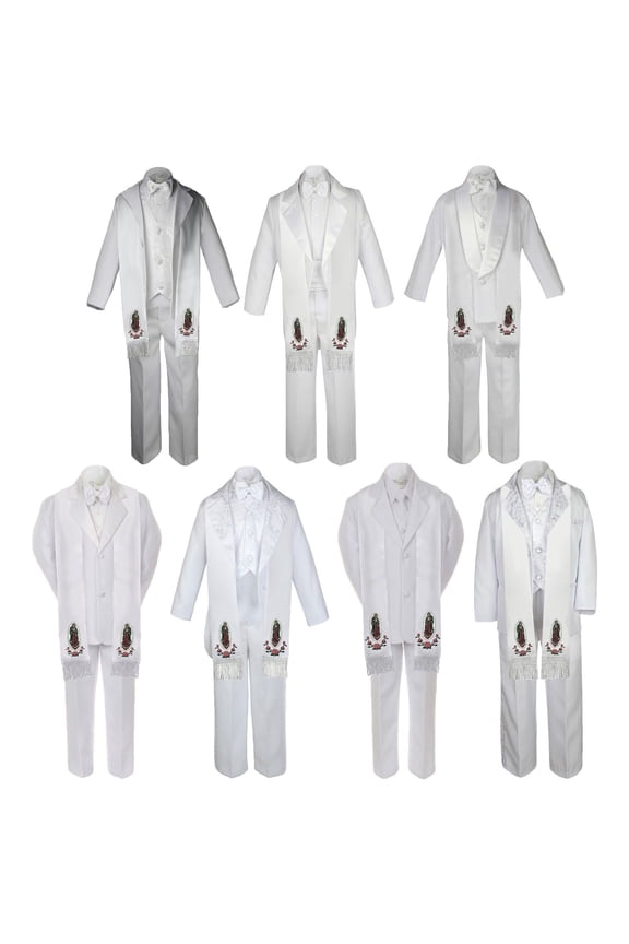 6pc Baby Toddler Boy Guadalupe Communion Baptism White 7 SUIT TUXEDO Style Stole