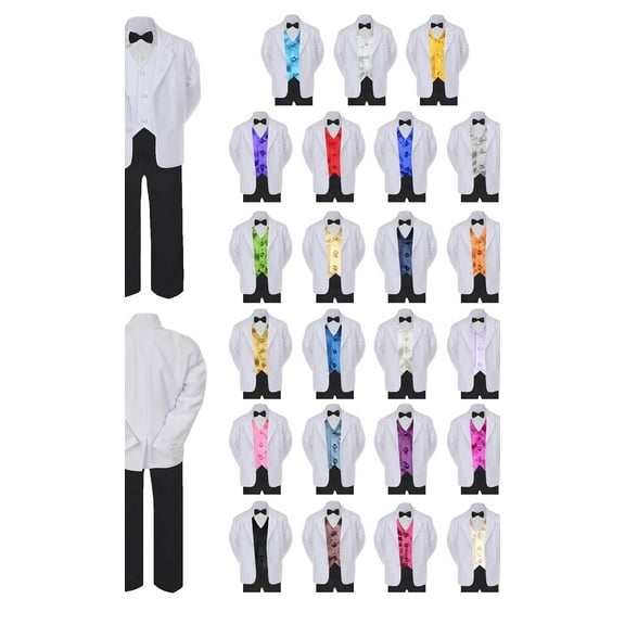 6pc Baby Toddler Boy Teen Formal Black & White Suit Set Satin Vest Sm-20