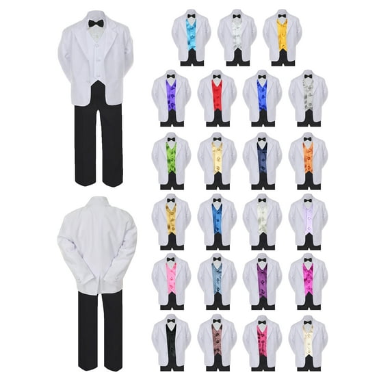 6pc Baby Toddler Boy Teen Formal Black & White Suit Set Satin Vest Sm-20