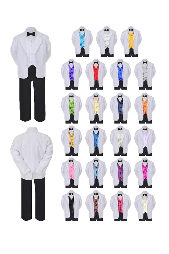 6pc Baby Toddler Boy Teen Formal Black & White Suit Set Satin Vest Sm-20