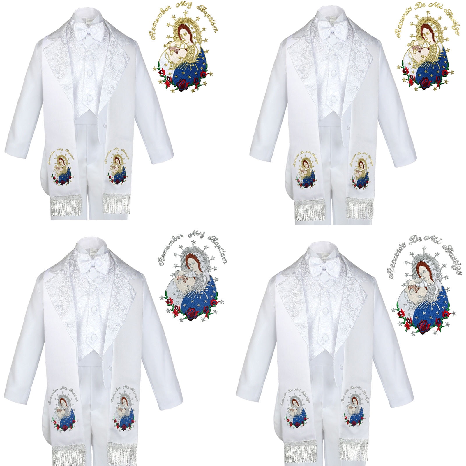 6pc Baptism White Tuxedo English Spanish Colored Silver Gold Pope Mary Stole