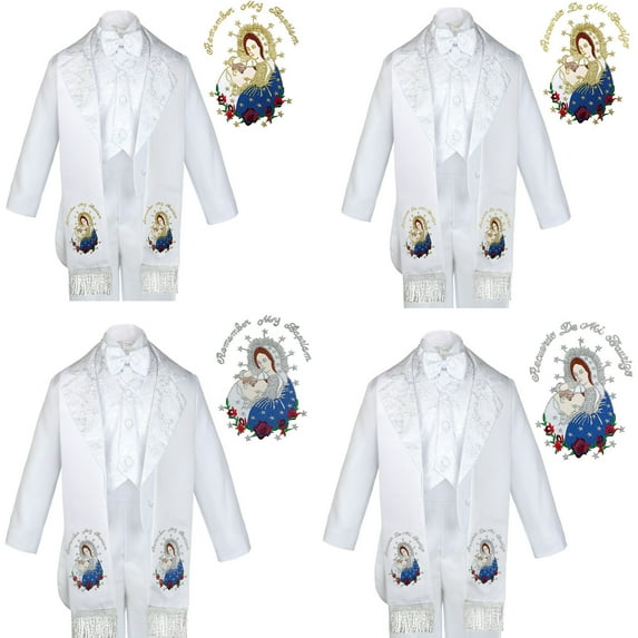 6pc Baptism White Tuxedo English Spanish Colored Silver Gold Pope Mary Stole