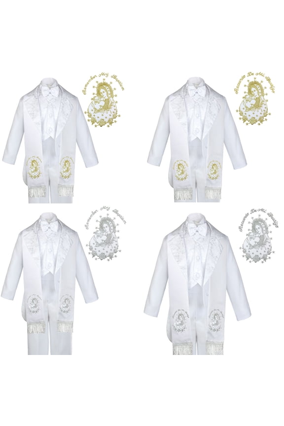 6pc Baptism White Tuxedo English Spanish Silver Gold Pope Santa Maria Mary Stole