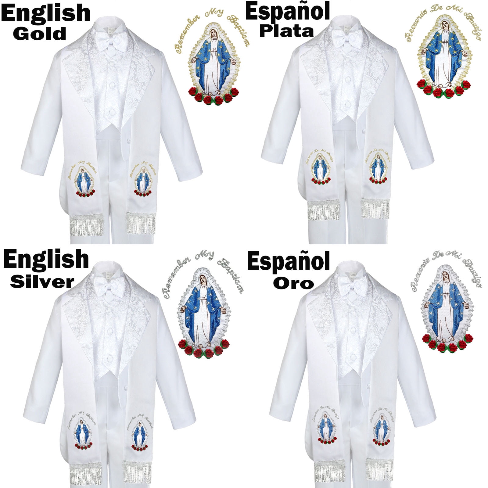 6pc Baptism White Tuxedo Suit English Spanish Colored Silver Gold Maria Stole