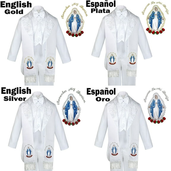 6pc Baptism White Tuxedo Suit English Spanish Colored Silver Gold Maria Stole
