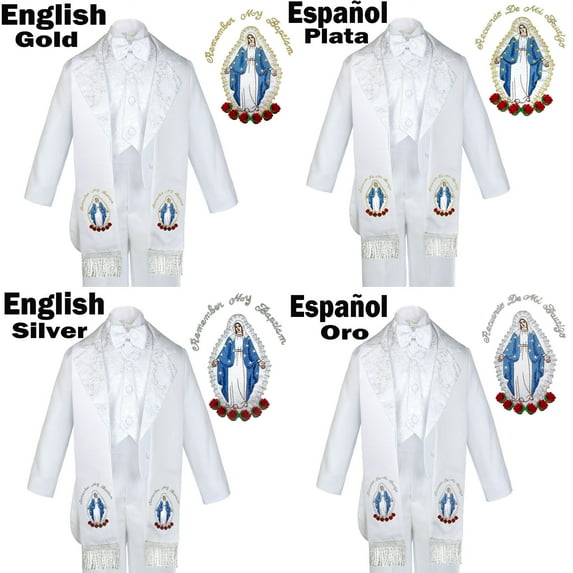 6pc Baptism White Tuxedo Suit English Spanish Colored Silver Gold Mary Stole