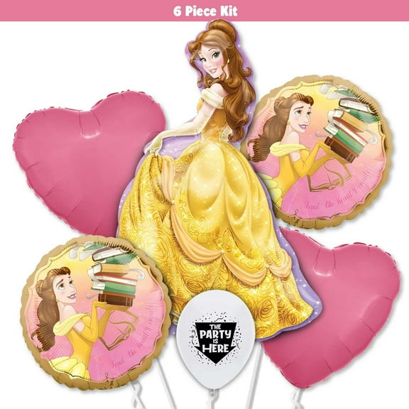 6pc Beauty & the Beast Party Decorations Balloons Kit - Belle's Colorful Pink Kids Birthday Party Supplies Decor