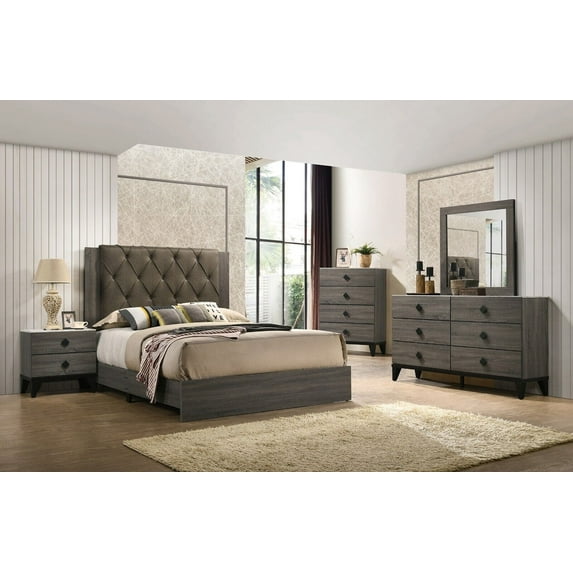 6pc Bedroom California King Size Bed Set Transitional Style Dresser Mirror Nightstands Chest Wooden Furniture Grey Color