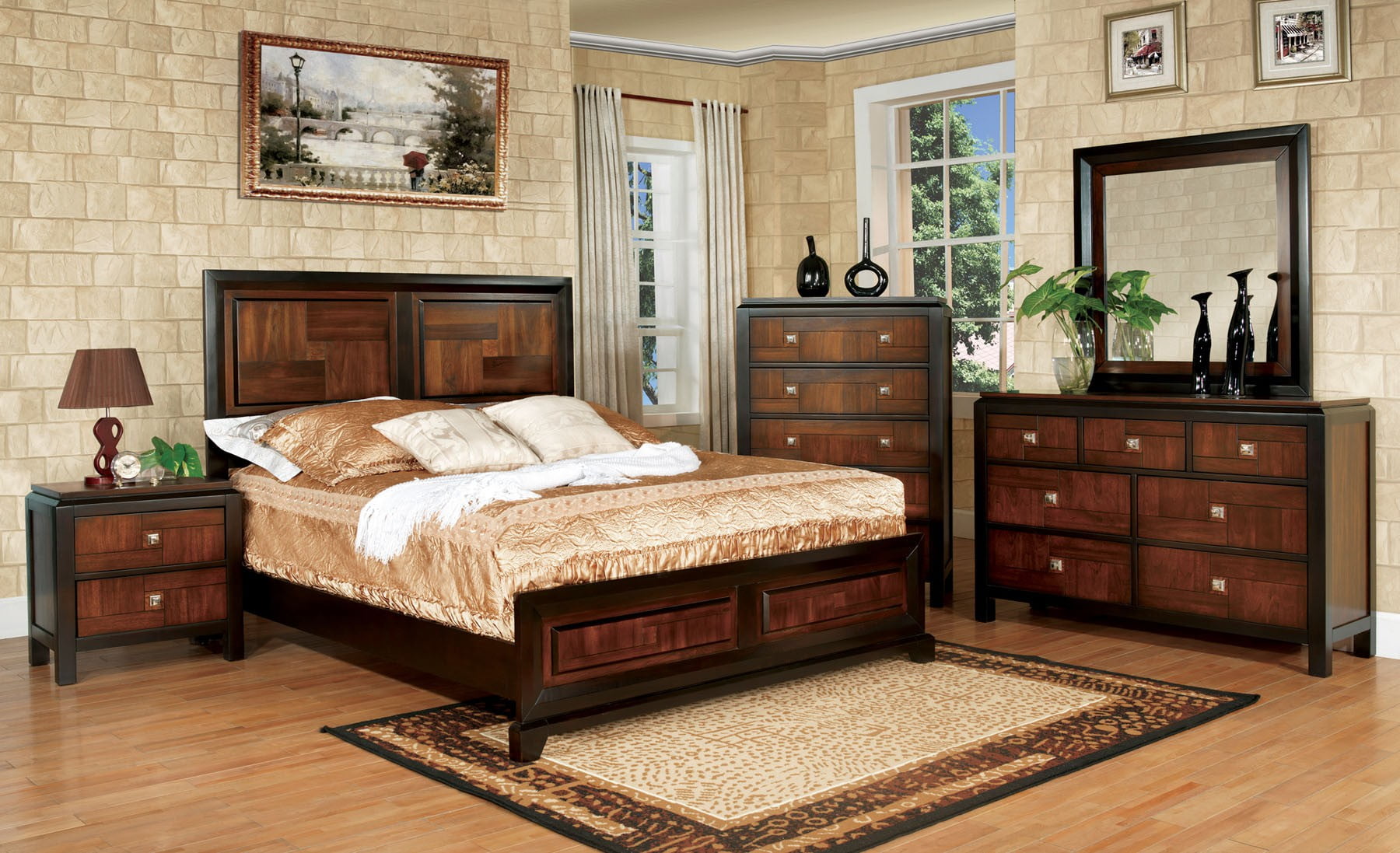 6pc Bedroom Furniture Set Full Size Bed Dresser Mirror 2x Nightstands Chest  Gorgeous Two Tone Walnut Solid wood Acacia - Walmart.com, image size:1800x1097
