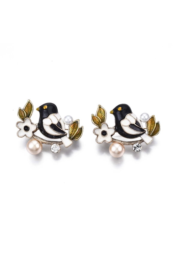 6pc Bird and Flower Enamel Pin with Plastic Pearl Alloy Brooch with Rhinestone for Backpack Clothes Nickel Free & Lead Free Light Golden Black 28x33mm