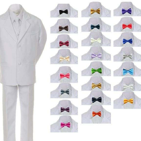 6pc Boy Baby Kid Teen Formal Wedding White Suit Tuxedo Extra Satin Bow Tie S-7