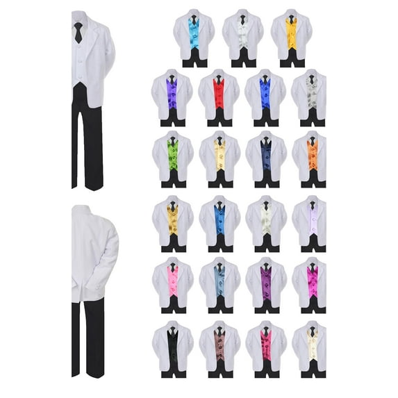 6pc Boy Formal Necktie Black White Suit Set Satin Color Vest Baby Sm-20 Teen