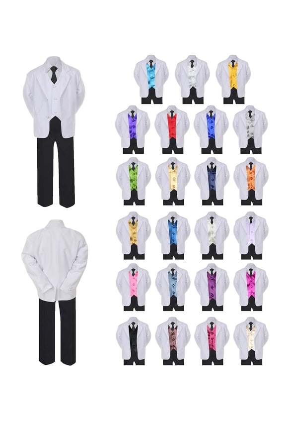 6pc Boy Formal Necktie Black White Suit Set Satin Color Vest Baby Sm-20 Teen