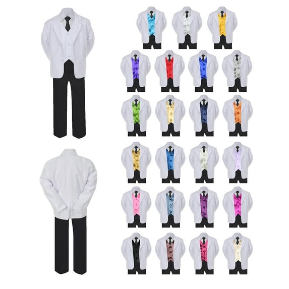 6pc Boy Formal Necktie Black White Suit Set Satin Color Vest Baby Sm-20 Teen