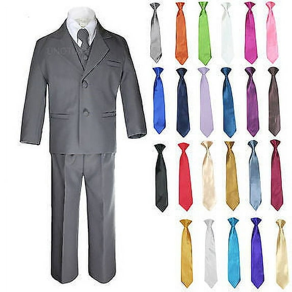 6pc Boys Kids Teen Formal Wedding Party Tuxedo Dark Gray Suit Necktie Set 8-20