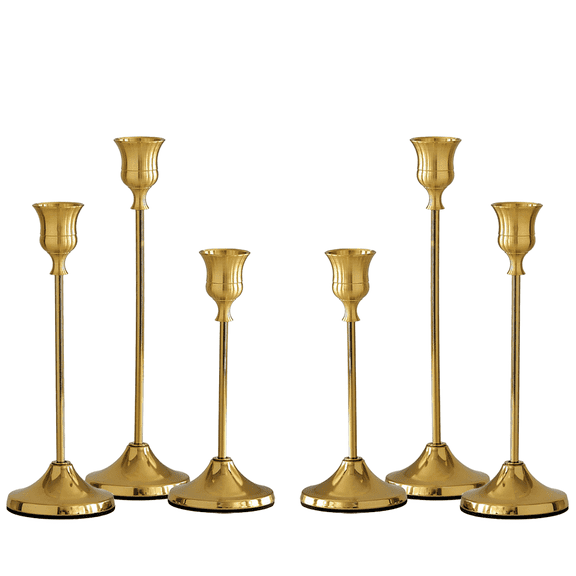 Set of 6 Brass Gold Candlestick Holders, Vintage Metal Taper Candle Holders Bulk, Decorative Candle Stand Dining Table Centerpiece Decor, Fireplace Mantel Decorations, Wedding Party Gifts